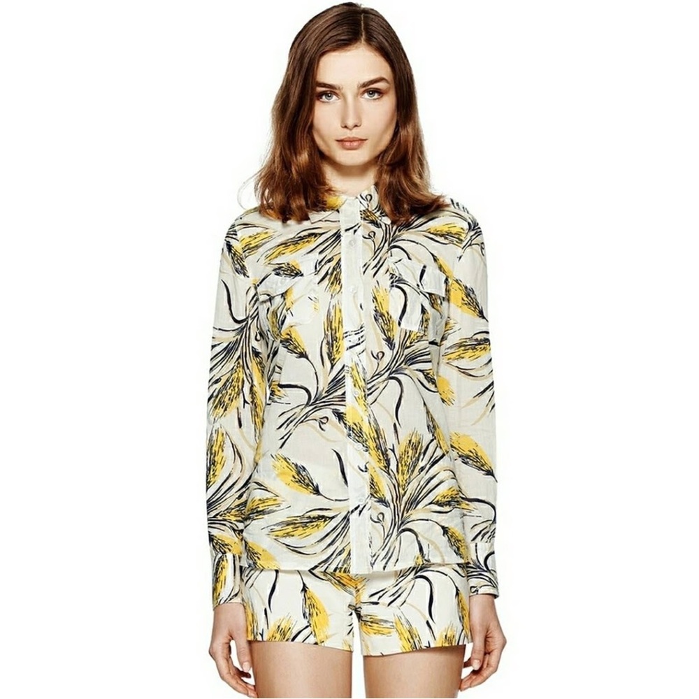 NWOT Tory Burch Brigitte Yellow Wheat Print Roll Sleeve Signature Blouse Size 8